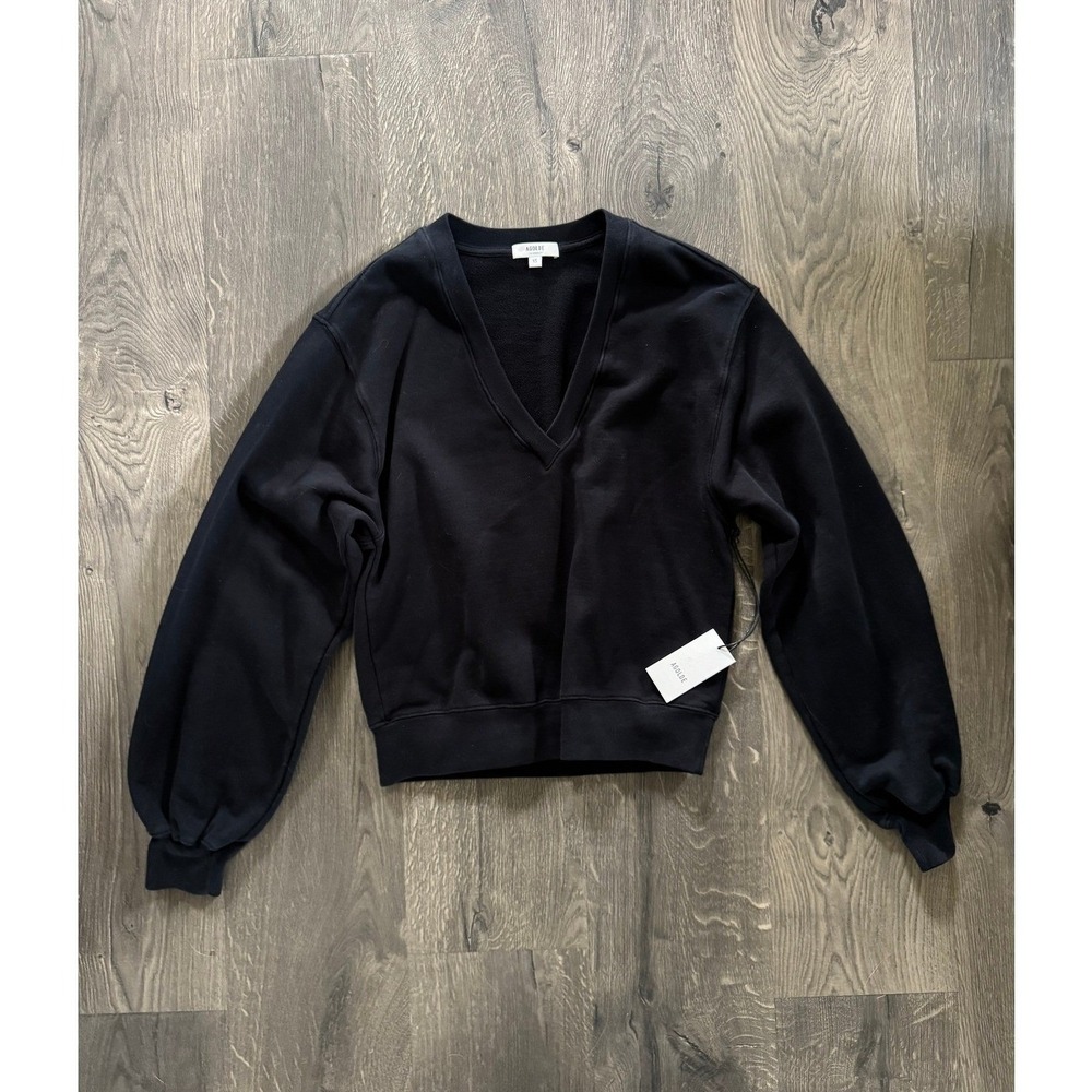 NWT AGOLDE Low V-Neck Balloon Sleeve Sweatshirt XS A7057 Black Cotton $138
